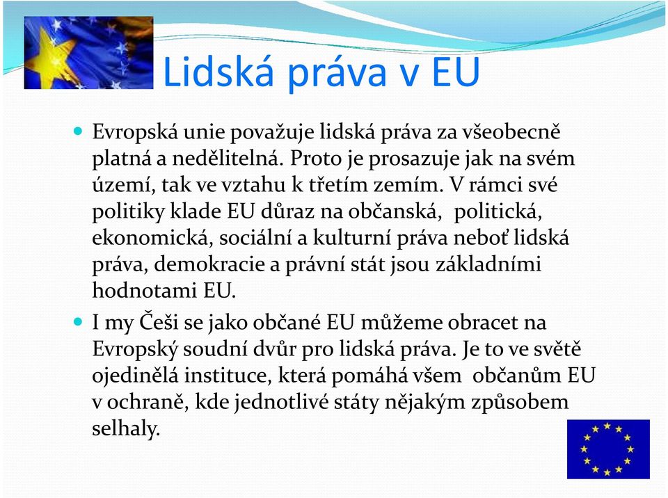 V rámci své politiky klade EU důraz na občanská, politická, ekonomická, sociální a kulturní práva neboť lidská práva, demokracie a