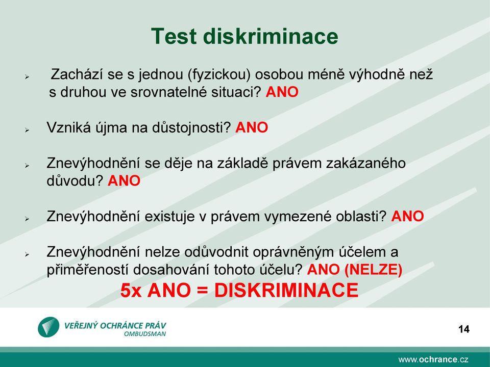 ANO Znevýhodnění se děje na základě právem zakázaného důvodu?