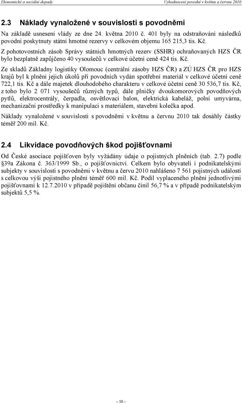 Z pohotovostních zásob Správy státních hmotných rezerv (SSHR) ochraňovaných HZS ČR bylo bezplatně zapůjčeno 40 vysoušečů v celkové účetní ceně 424 tis. Kč.