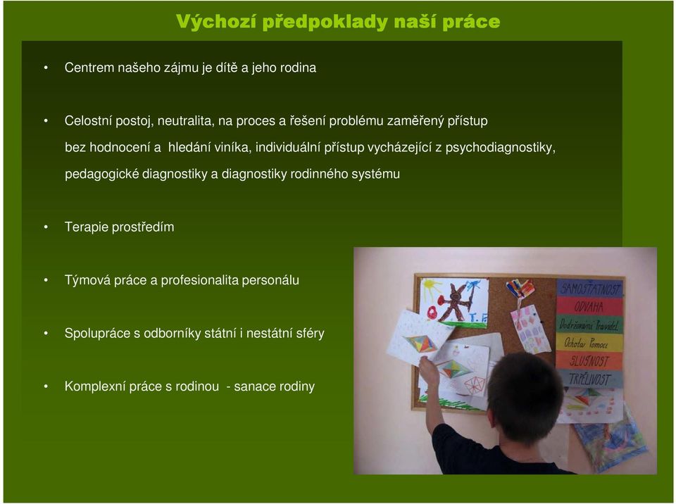 psychodiagnostiky, pedagogické diagnostiky a diagnostiky rodinného systému Terapie prostředím Týmová práce a