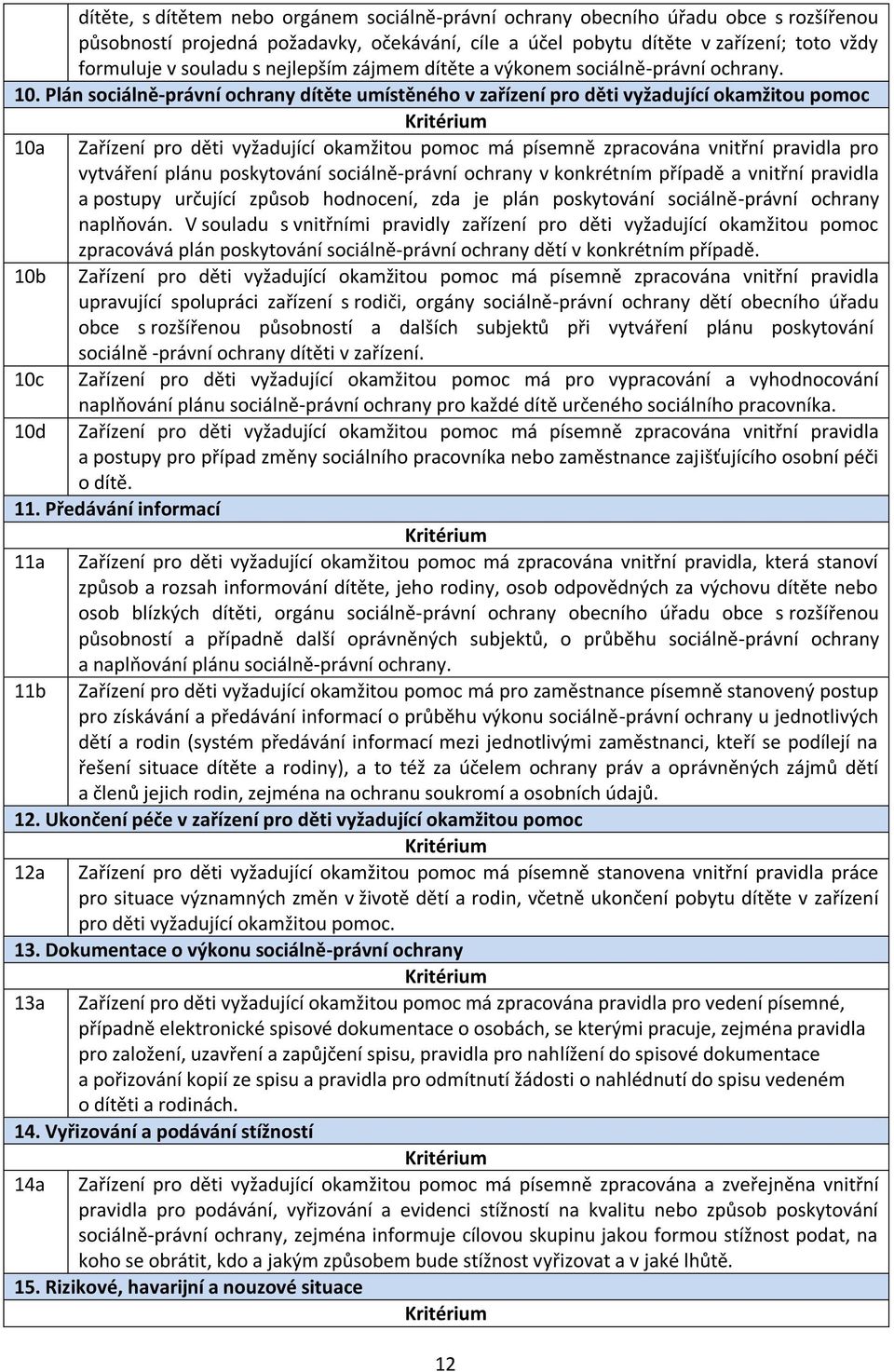 Plán sociálně-právní ochrany dítěte umístěného v zařízení pro děti vyžadující okamžitou pomoc 10a Zařízení pro děti vyžadující okamžitou pomoc má písemně zpracována vnitřní pravidla pro vytváření