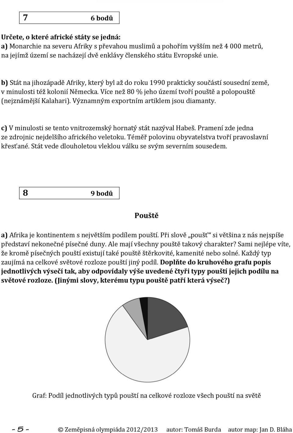 Více než 80 % jeho území tvoří pouště a polopouště (nejznámější Kalahari). Významným exportním artiklem jsou diamanty. c) V minulosti se tento vnitrozemský hornatý stát nazýval Habeš.