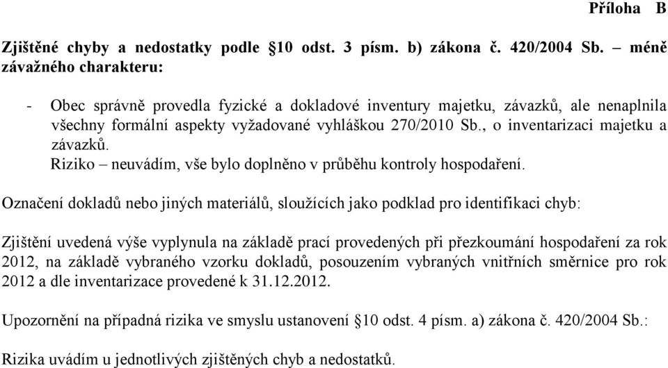 , o inventarizaci majetku a závazků. Riziko neuvádím, vše bylo doplněno v průběhu kontroly hospodaření.