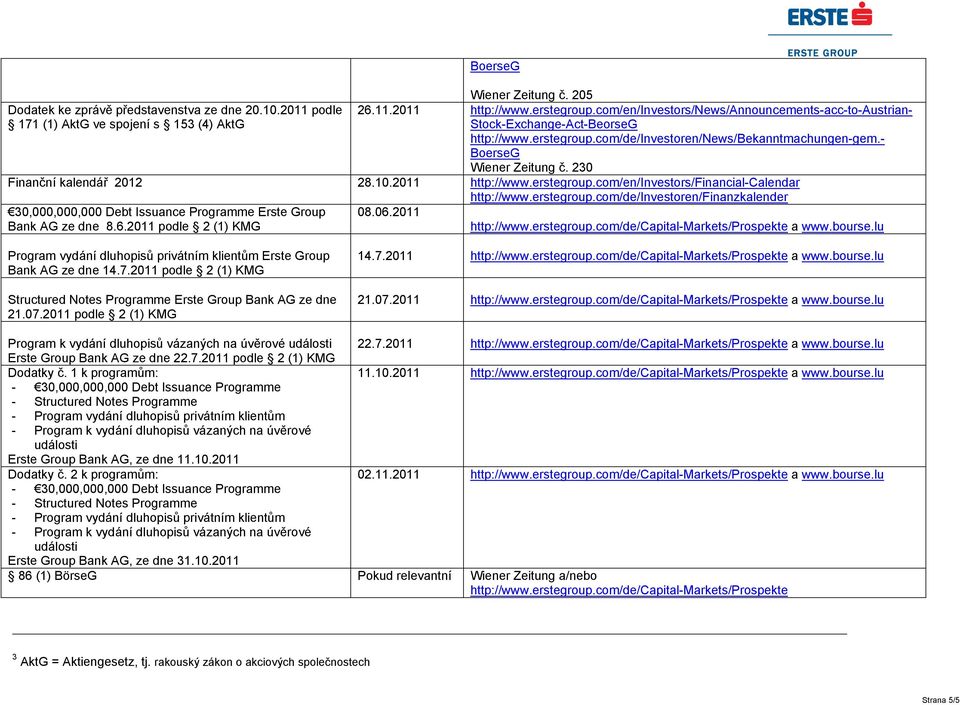 com/en/investors/financial-calendar http://www.erstegroup.com/de/investoren/finanzkalender 30,000,000,000 Debt Issuance Programme Erste Group Bank AG ze dne 8.6.2011 podle 2 (1) KMG 08.06.