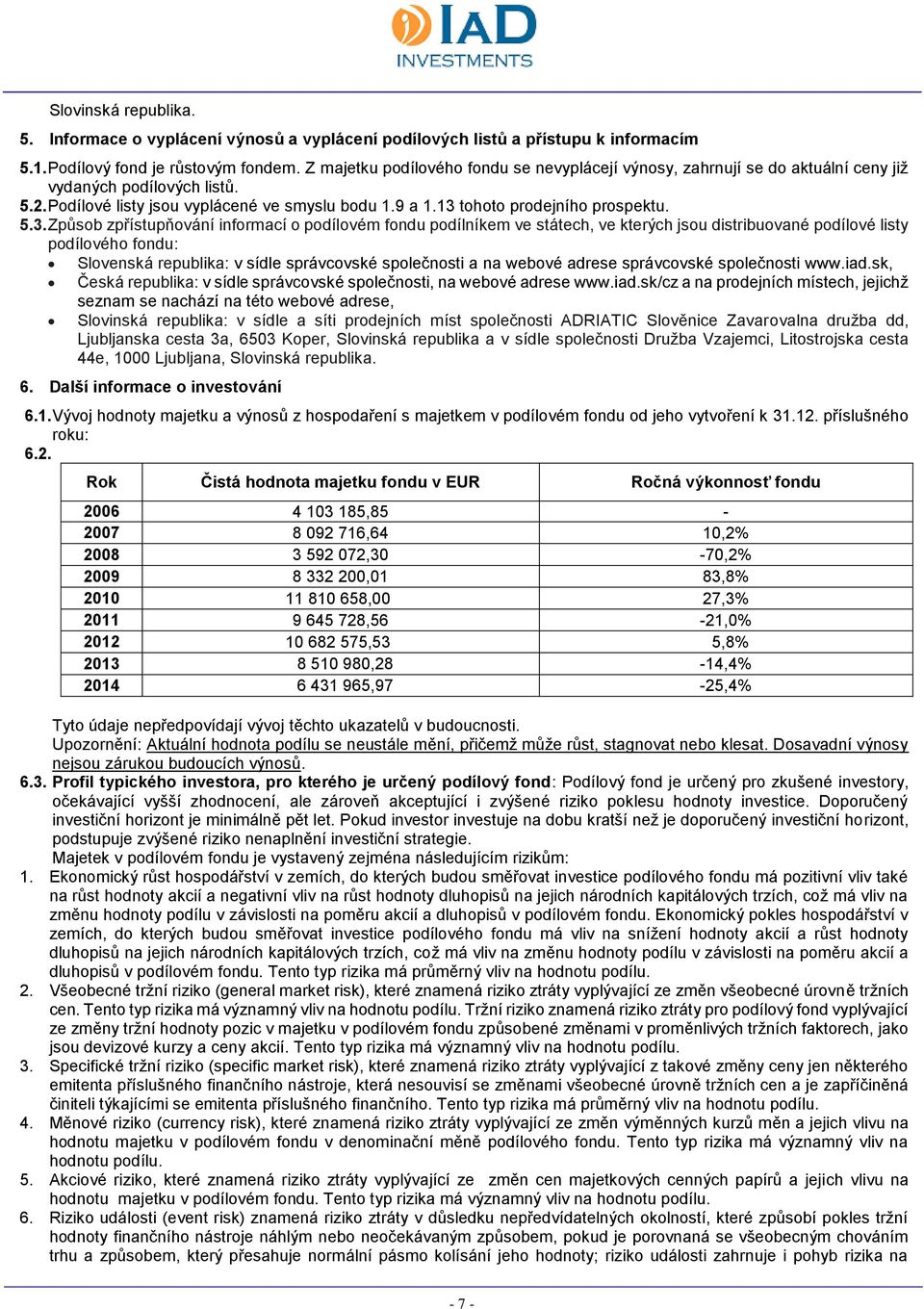 5.3. Způsob zpřístupňování informací o podílovém fondu podílníkem ve státech, ve kterých jsou distribuované podílové listy podílového fondu: Slovenská republika: v sídle správcovské společnosti a na