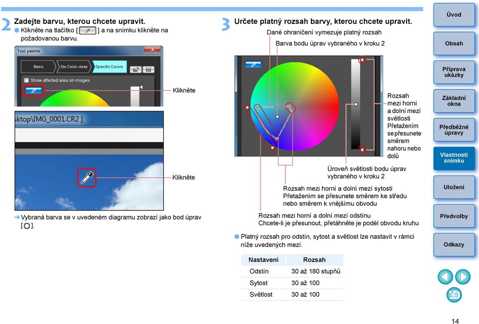 bodu úprav vybraného v kroku 2 Rozsah mezi horní a dolní mezí sytosti Přetažením se přesunete směrem ke středu nebo směrem k vnějšímu obvodu Vybraná barva se v uvedeném diagramu zobrazí jako bod