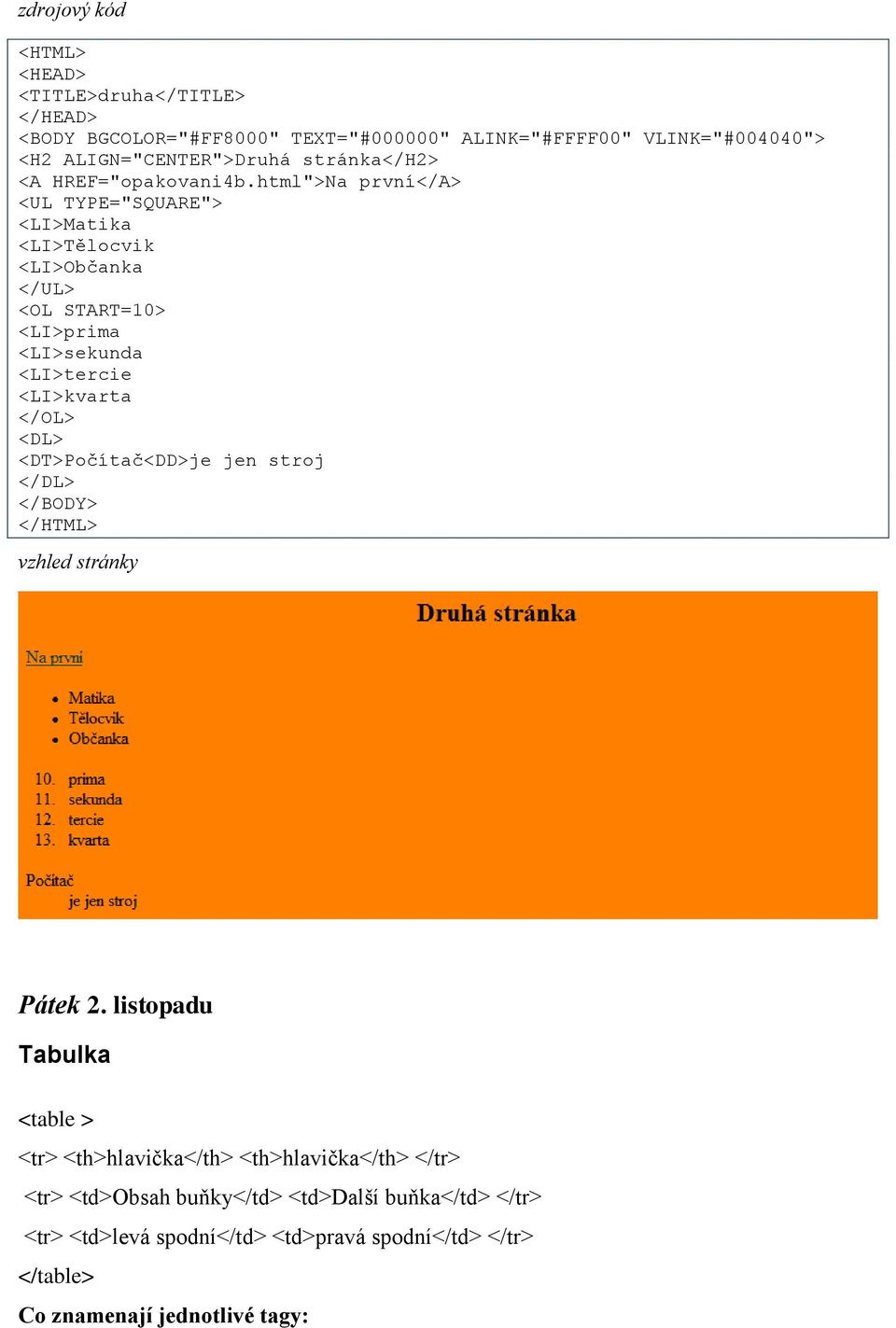 html">Na první</a> <UL TYPE="SQUARE"> <LI>Matika <LI>Tělocvik <LI>Občanka </UL> <OL START=10> <LI>prima <LI>sekunda <LI>tercie <LI>kvarta </OL> <DL>