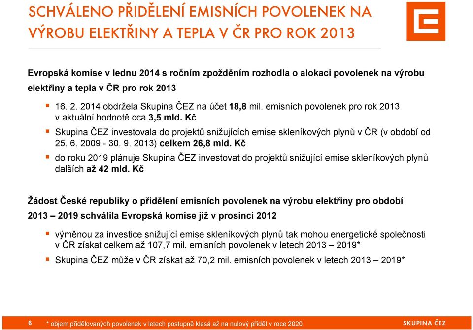 Kč Skupina ČEZ investovala do projektů snižujících emise skleníkových plynů v ČR (v období od 25. 6. 2009-30. 9. 2013) celkem 26,8 mld.
