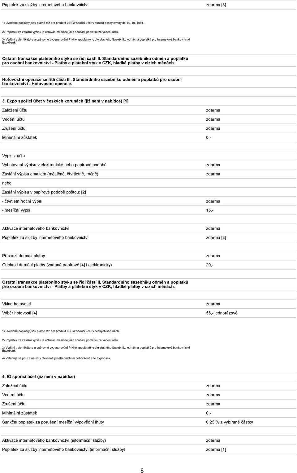 3) Vydání autentikátoru a opětovné vygenerování PIN je zpoplatněno dle platného Sazebníku odměn a poplatků pro Internetové bankovnictví Expobank. Ostatní transakce platebního styku se řídí částí II.