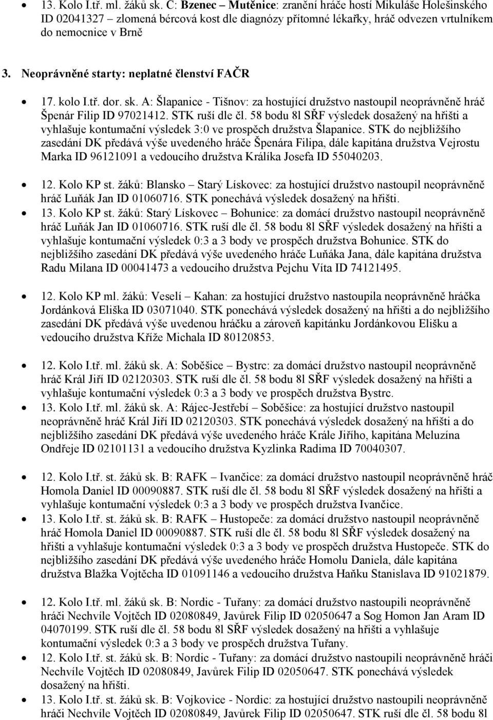 58 bodu 8l SŘF výsledek dosažený na hřišti a vyhlašuje kontumační výsledek 3:0 ve prospěch družstva Šlapanice.