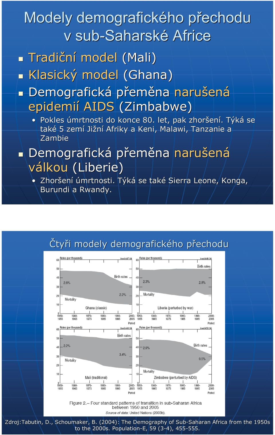 .týká se také 5zemí Jižní Afriky a Keni, Malawi, Tanzanie a Zambie Demografická přeměna narušen ená válkou