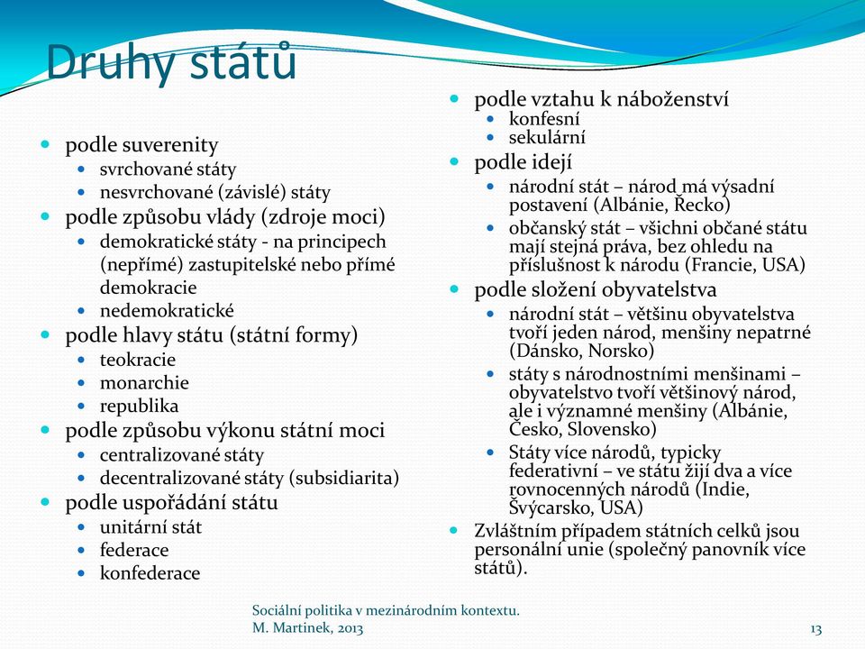 unitární stát federace konfederace podle vztahu k náboženství konfesní sekulární podle idejí národní stát národ má výsadní postavení (Albánie, Řecko) občanský stát všichni občané státu mají stejná