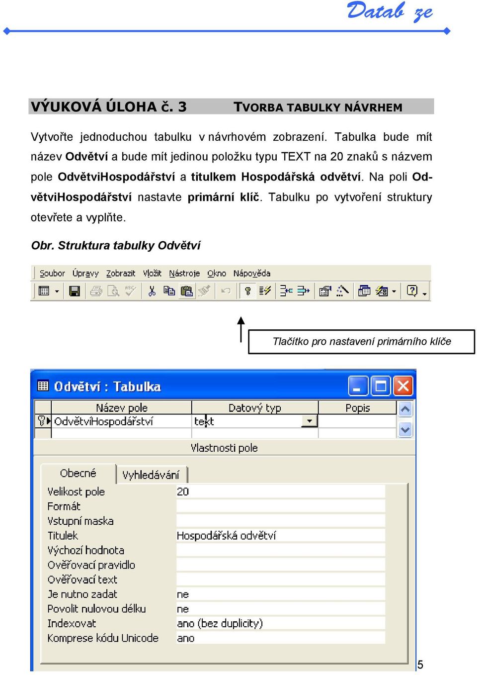 a titulkem Hospodářská odvětví. Na poli OdvětviHospodářství nastavte primární klíč.