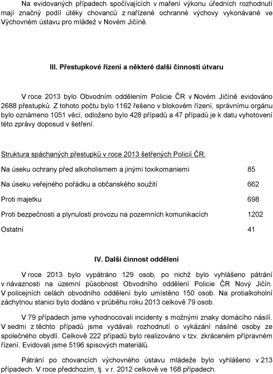 Z tohoto počtu bylo 1162 řešeno v blokovém řízení, správnímu orgánu bylo oznámeno 1051 věcí, odloženo bylo 428 případů a 47 případů je k datu vyhotovení této zprávy doposud v šetření.