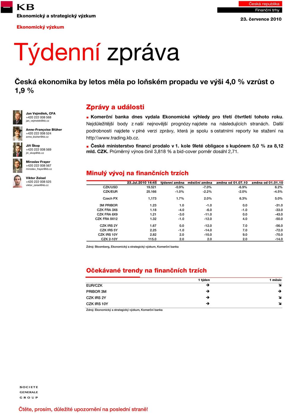 cz Viktor Zeisel +420 222 008 525 viktor_zeisel@kb.cz Zprávy a události Komerční banka dnes vydala Ekonomické výhledy pro třetí čtvrtletí tohoto roku.