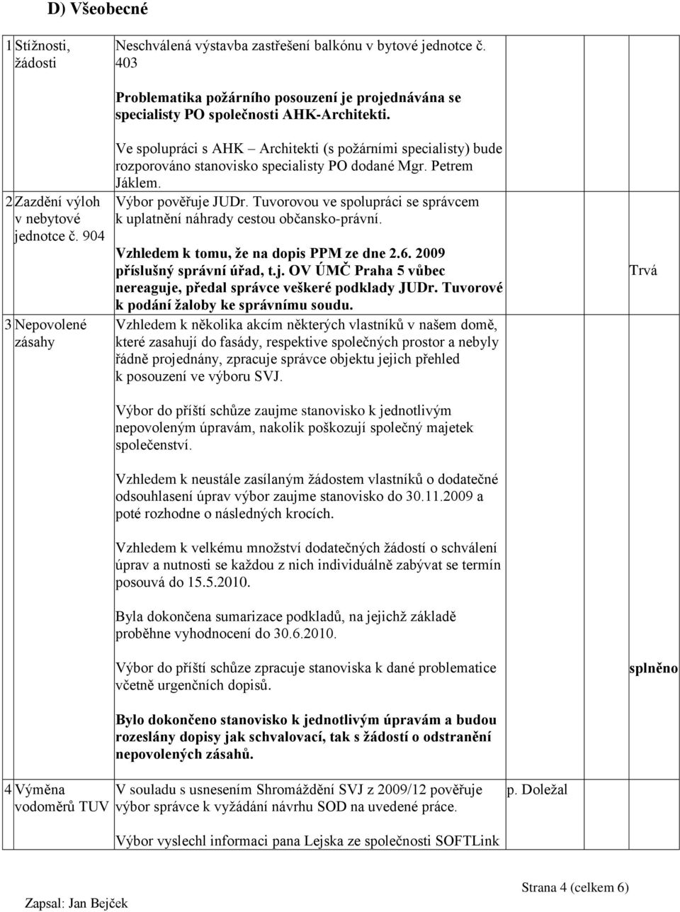 Ve spolupráci s AHK Architekti (s požárními specialisty) bude rozporováno stanovisko specialisty PO dodané Mgr. Petrem Jáklem. Výbor pověřuje JUDr.