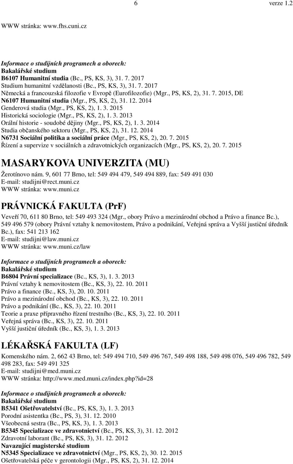 , PS, KS, 2), 1. 3. 2014 Studia občanského sektoru (Mgr., PS, KS, 2), 31. 12. 2014 N6731 Sociální politika a sociální práce (Mgr., PS, KS, 2), 20. 7.