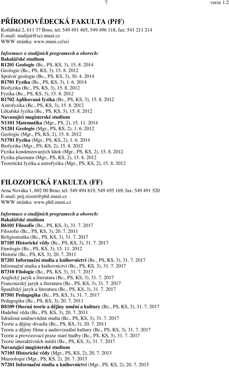 , PS, KS, 3), 15. 8. 2012 B1702 Aplikovaná fyzika (Bc., PS, KS, 3), 15. 8. 2012 Astrofyzika (Bc., PS, KS, 3), 15. 8. 2012 Lékařská fyzika (Bc., PS, KS, 3), 15. 8. 2012 N1101 Matematika (Mgr.