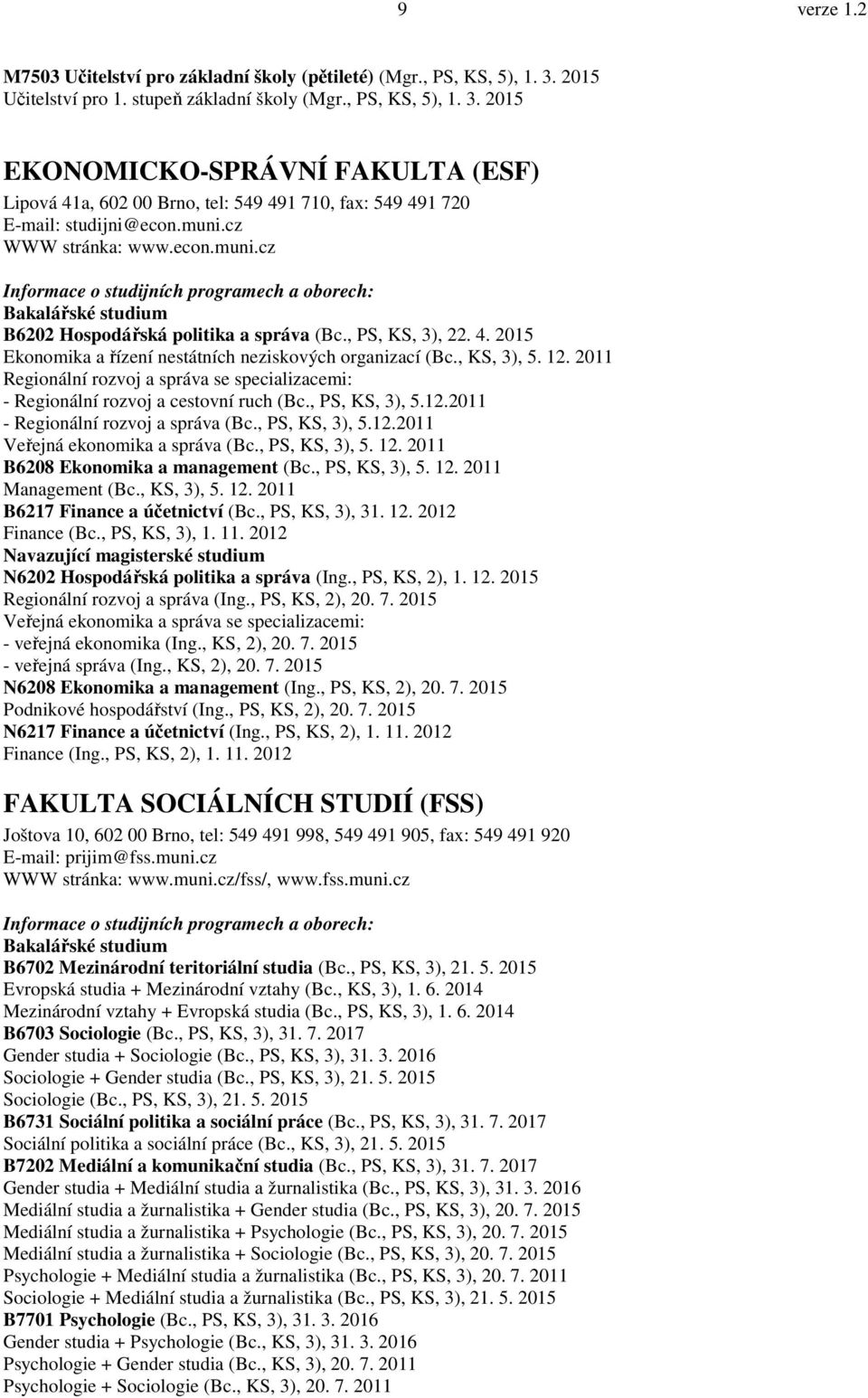 cz WWW stránka: www.econ.muni.cz B6202 Hospodářská politika a správa (Bc., PS, KS, 3), 22. 4. 2015 Ekonomika a řízení nestátních neziskových organizací (Bc., KS, 3), 5. 12.