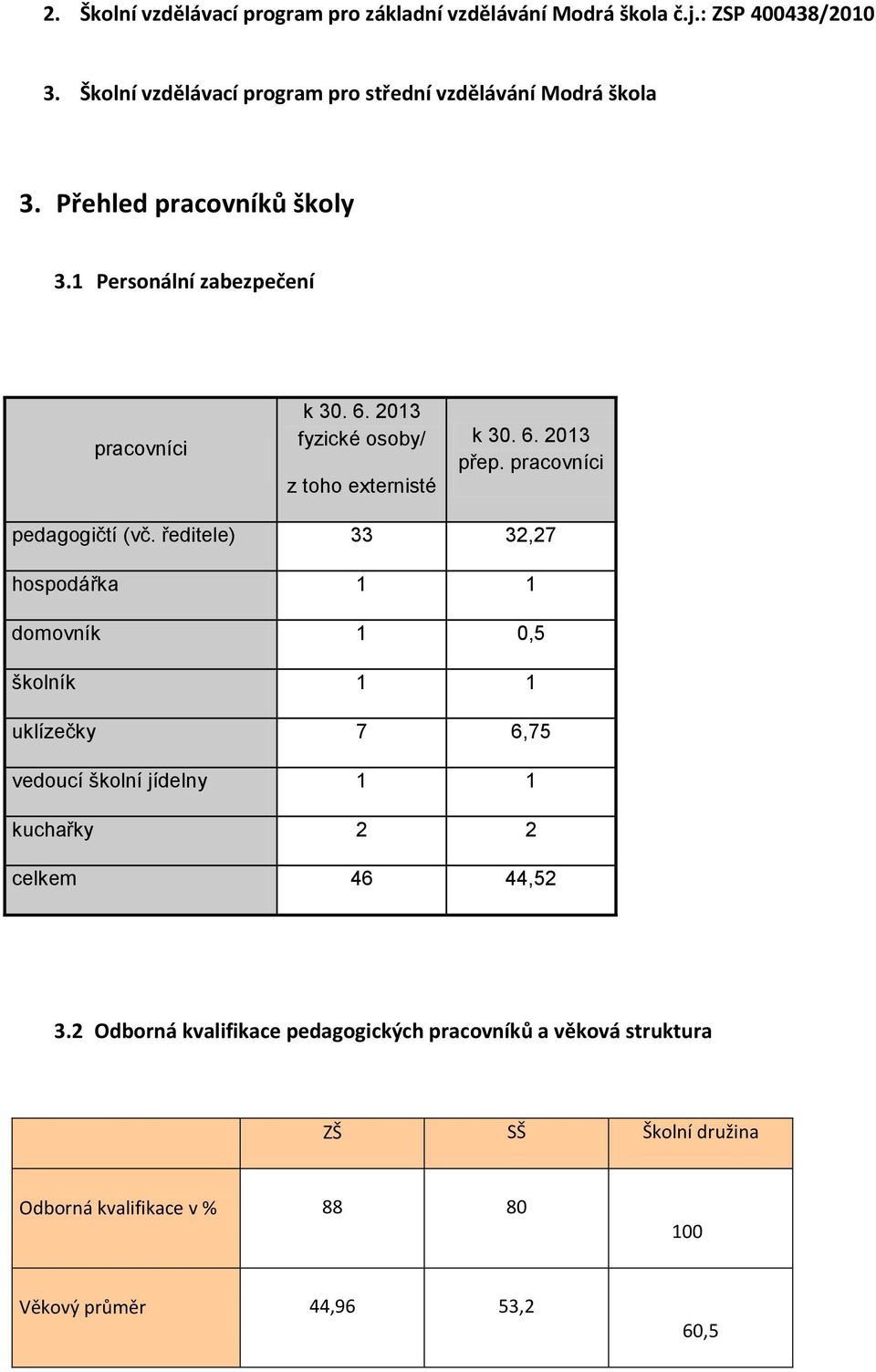 2013 fyzické osoby/ z toho externisté k 30. 6. 2013 přep. pracovníci pedagogičtí (vč.