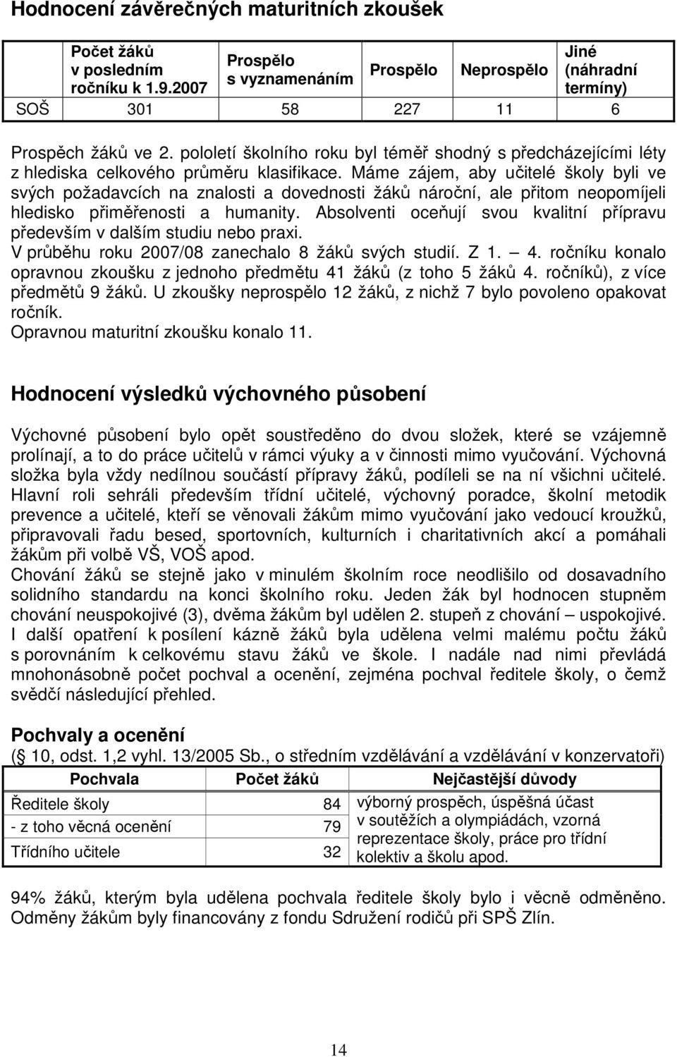 Máme zájem, aby učitelé školy byli ve svých požadavcích na znalosti a dovednosti žáků nároční, ale přitom neopomíjeli hledisko přiměřenosti a humanity.