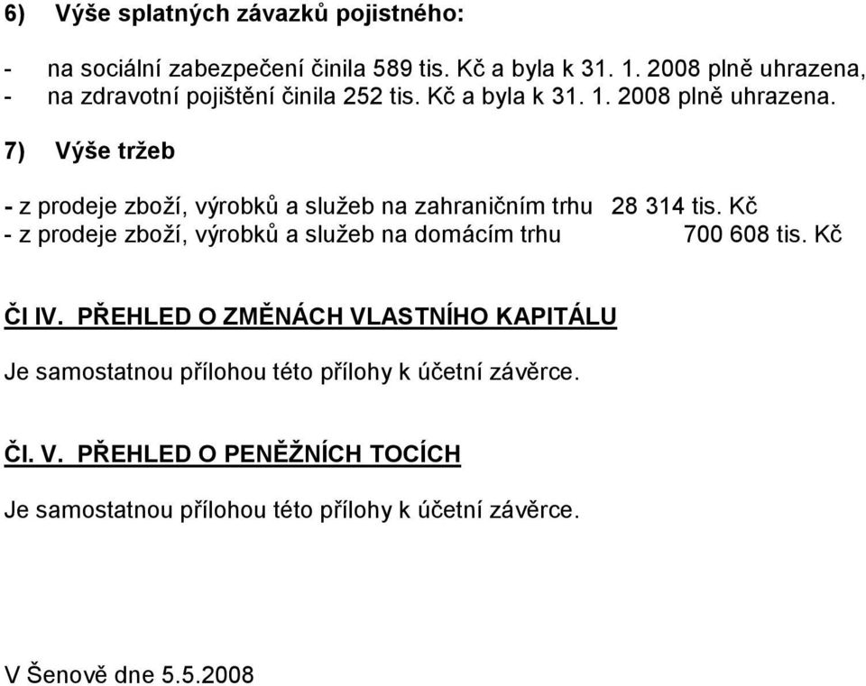 7) Výše tržeb - z prodeje zboží, výrobků a služeb na zahraničním trhu 28 314 tis.