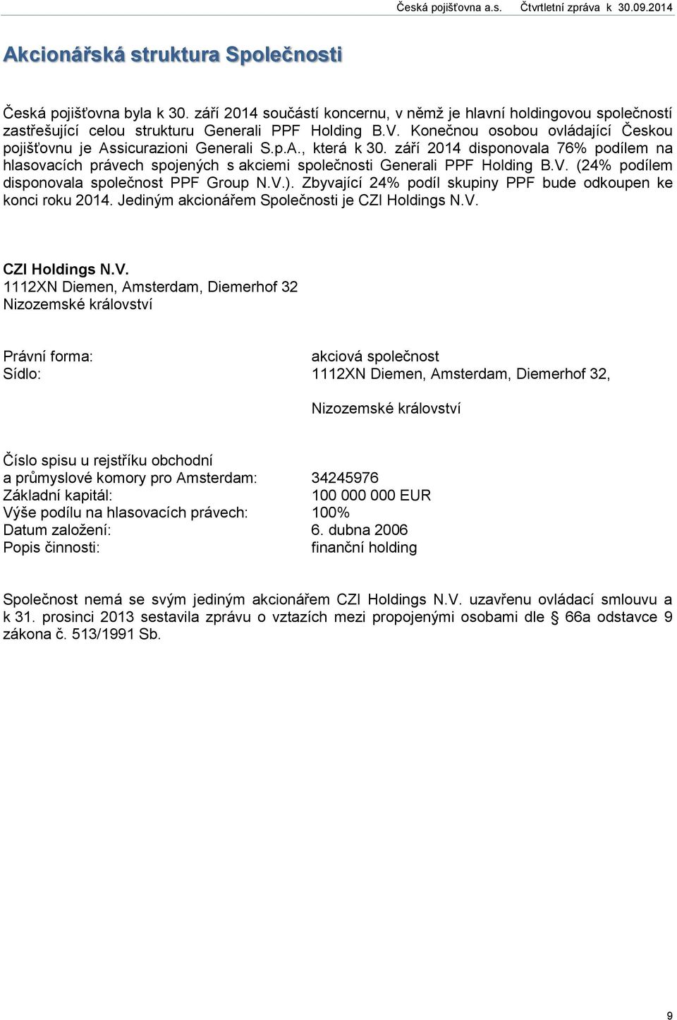 září 2014 disponovala 76% podílem na hlasovacích právech spojených s akciemi společnosti Generali PPF Holding B.V. (24% podílem disponovala společnost PPF Group N.V.).