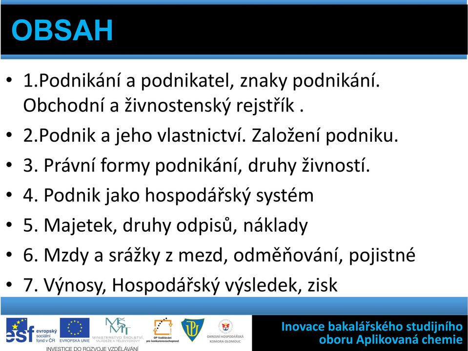 3. Právní formy podnikání, druhy živností. 4. Podnik jako hospodářský systém 5.