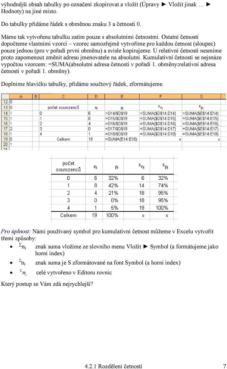 Ostatí četost dopočteme vlastím vzorc vzorec samozřejmě vytvoříme pro každou četost (sloupec) pouze jedou (pro v pořadí prví obměu) a svsle kopírujeme.