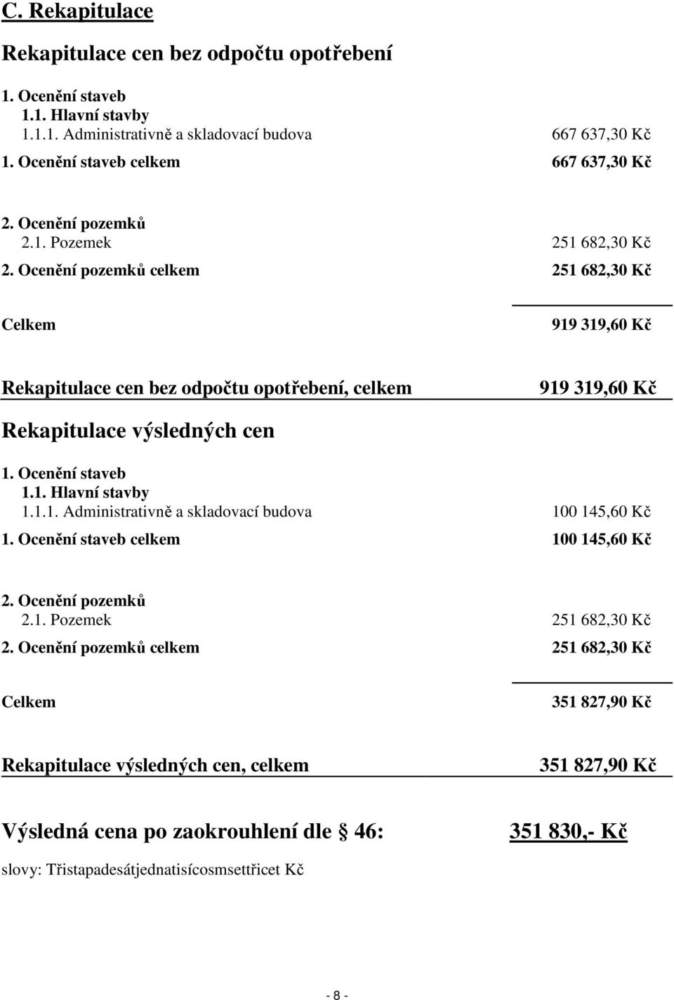 Ocenění pozemků celkem 251 682,30 Kč Celkem 919 319,60 Kč Rekapitulace cen bez odpočtu opotřebení, celkem 919 319,60 Kč Rekapitulace výsledných cen 1. Ocenění staveb 1.1. Hlavní stavby 1.1.1. Administrativně a skladovací budova 100 145,60 Kč 1.