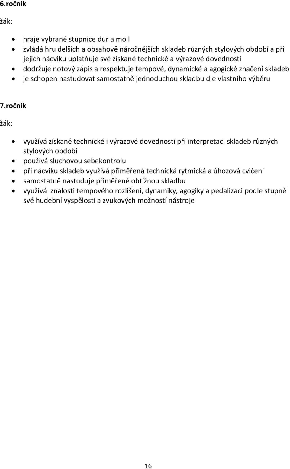 ročník využívá získané technické i výrazové dovednosti při interpretaci skladeb různých stylových období používá sluchovou sebekontrolu při nácviku skladeb využívá přiměřená technická