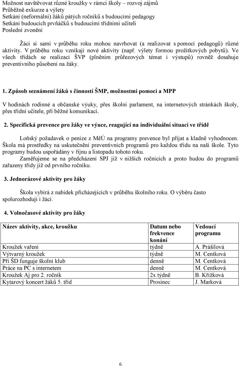 Ve všech třídách se realizací ŠVP (plněním průřezových témat i výstupů) rovněž dosahuje preventivního působení na žáky. 1.