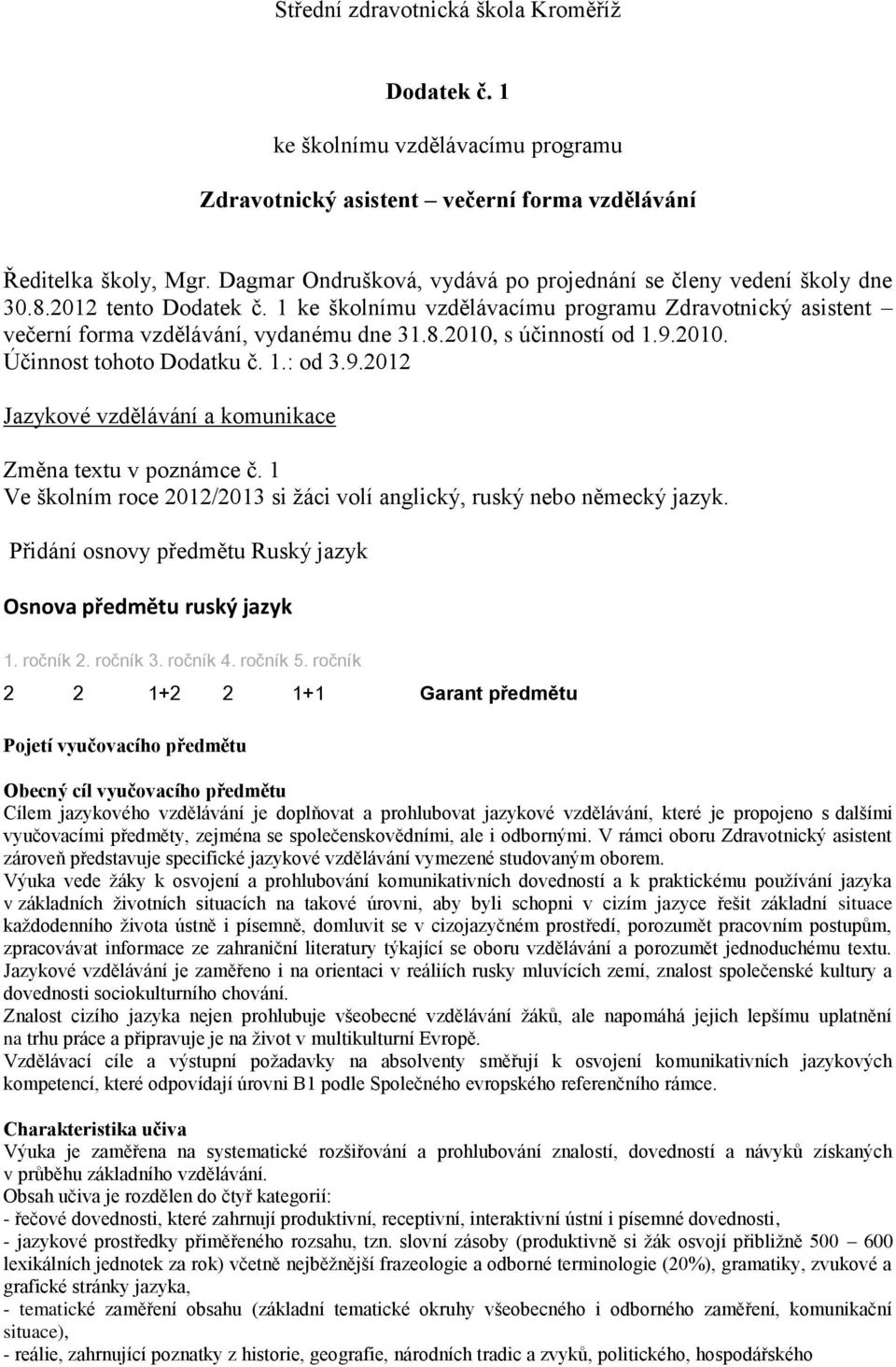 9.2010. Účinnost tohoto Dodatku č. 1.: od 3.9.2012 Jazykové vzdělávání a komunikace Změna textu v poznámce č. 1 Ve školním roce 2012/2013 si žáci volí anglický, ruský nebo německý jazyk.