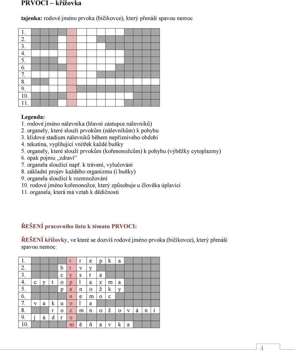 organely, které slouží prvokům (kořenonožcům) k pohybu (výběžky cytoplazmy) 6. opak pojmu zdraví 7. organela sloužící např. k trávení, vylučování 8. základní projev každého organizmu (i buňky) 9.