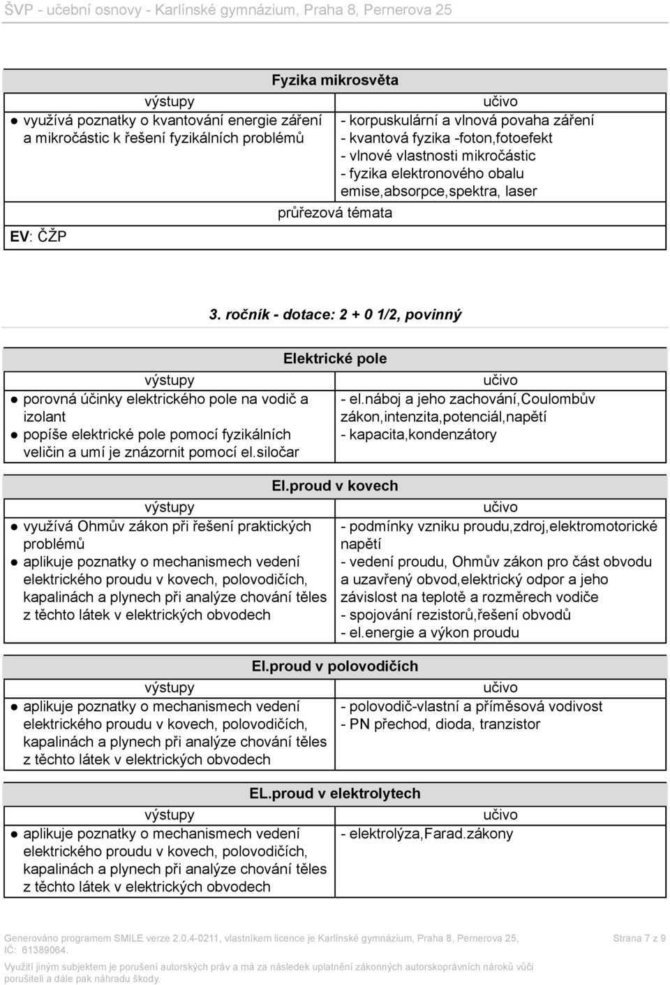 ročník - dotace: 2 + 0 1/2, povinný porovná účinky elektrického pole na vodič a izolant popíše elektrické pole pomocí fyzikálních veličin a umí je znázornit pomocí el.