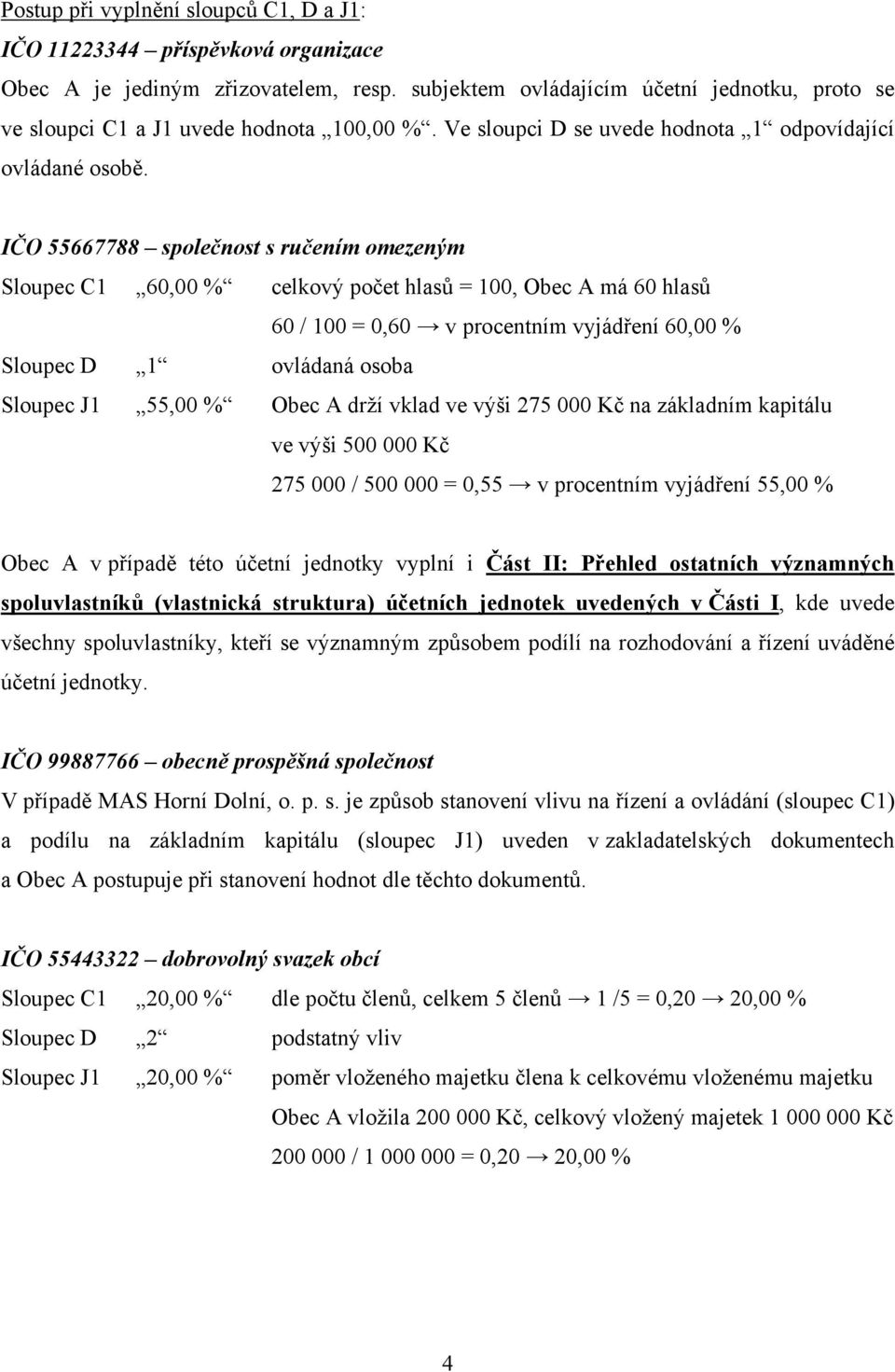 IČO 55667788 společnost s ručením omezeným Sloupec C1 60,00 % celkový počet hlasů = 100, Obec A má 60 hlasů 60 / 100 = 0,60 v procentním vyjádření 60,00 % Sloupec D 1 ovládaná osoba Sloupec J1 55,00