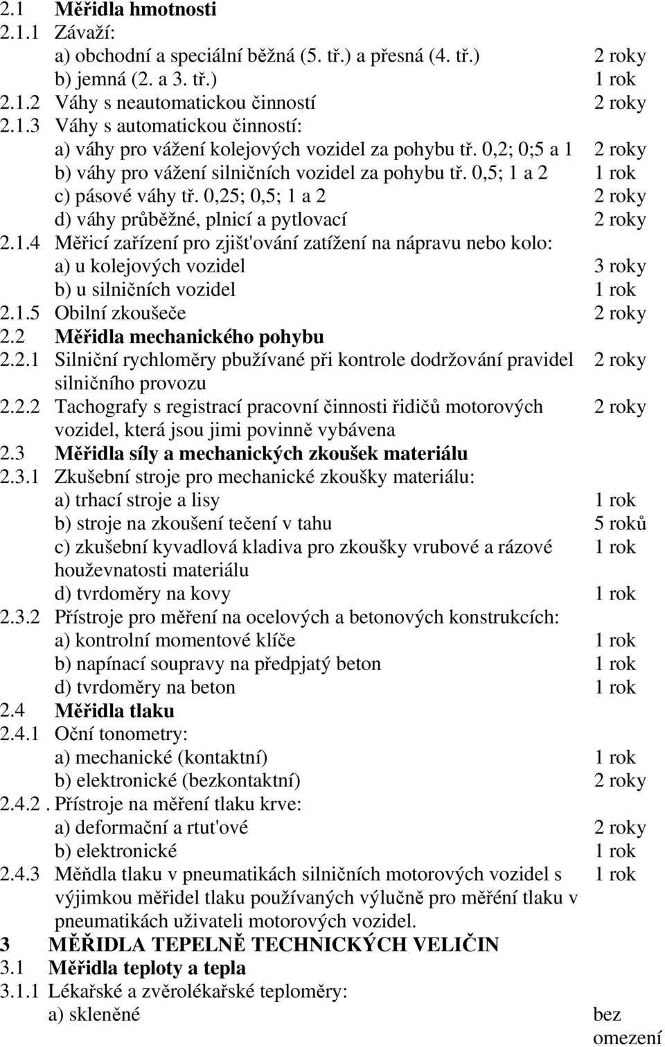 1.5 Obilní zkoušeče 2 roky 2.2 Měřidla mechanického pohybu 2.2.1 Silniční rychloměry pbužívané při kontrole dodržování pravidel 2 roky silničního provozu 2.2.2 Tachografy s registrací pracovní činnosti řidičů motorových 2 roky vozidel, která jsou jimi povinně vybávena 2.