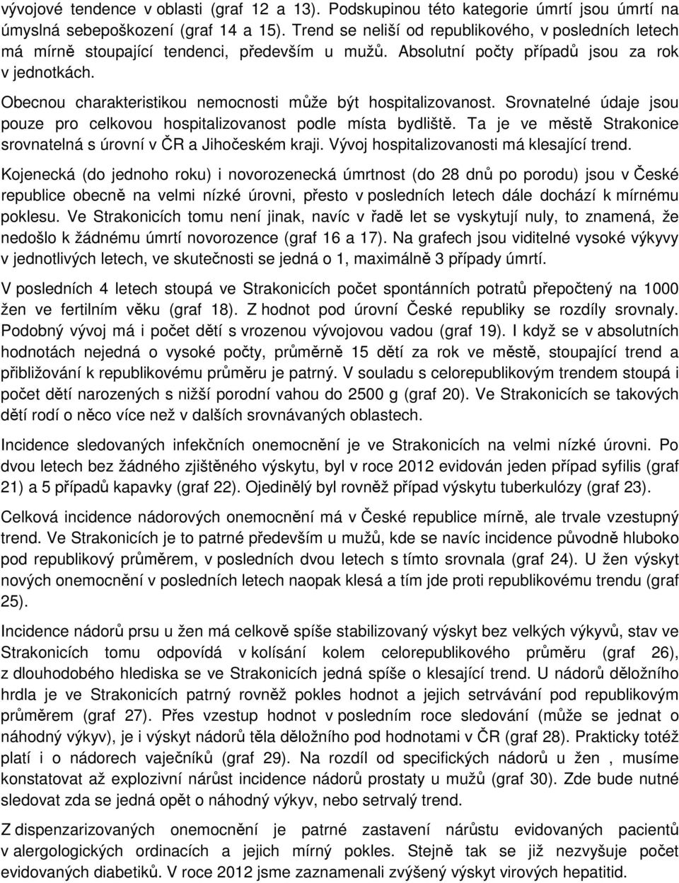 Obecnou charakteristikou nemocnosti může být hospitalizovanost. Srovnatelné údaje jsou pouze pro celkovou hospitalizovanost podle místa bydliště.