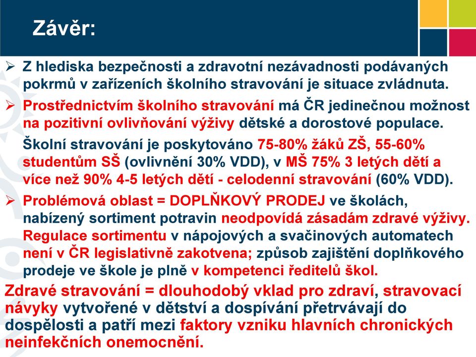 Školní stravování je poskytováno 75-80% žáků ZŠ, 55-60% studentům SŠ (ovlivnění 30% VDD), v MŠ 75% 3 letých dětí a více než 90% 4-5 letých dětí - celodenní stravování (60% VDD).