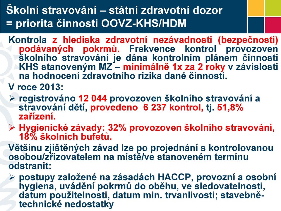 V roce 2013: registrováno 12 044 provozoven školního stravování a stravování dětí, provedeno 6 237 kontrol, tj. 51,8% zařízení.