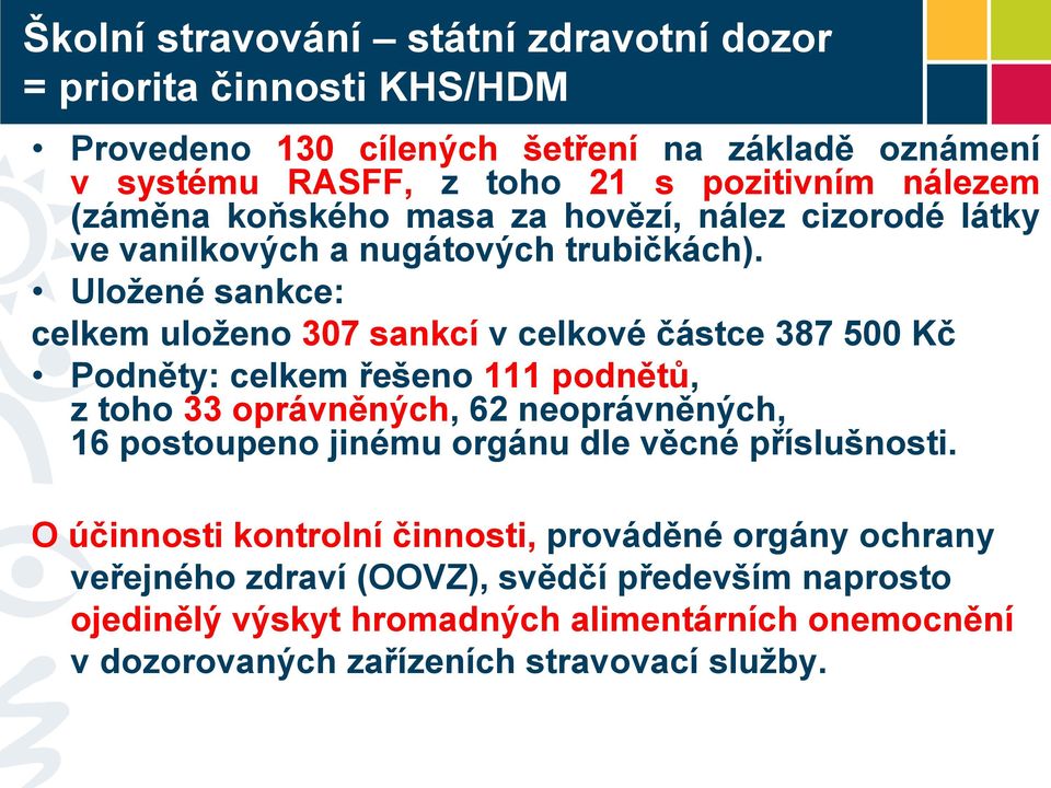 Uložené sankce: celkem uloženo 307 sankcí v celkové částce 387 500 Kč Podněty: celkem řešeno 111 podnětů, z toho 33 oprávněných, 62 neoprávněných, 16 postoupeno