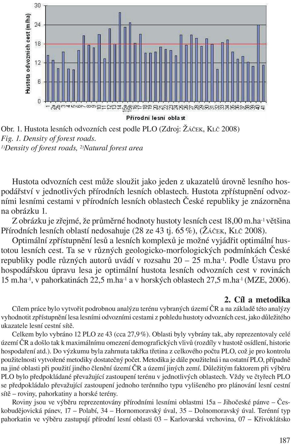 Hustota zpřístupnění odvozními lesními cestami v přírodních lesních oblastech České republiky je znázorněna na obrázku 1. Z obrázku je zřejmé, že průměrné hodnoty hustoty lesních cest 18,00 m.