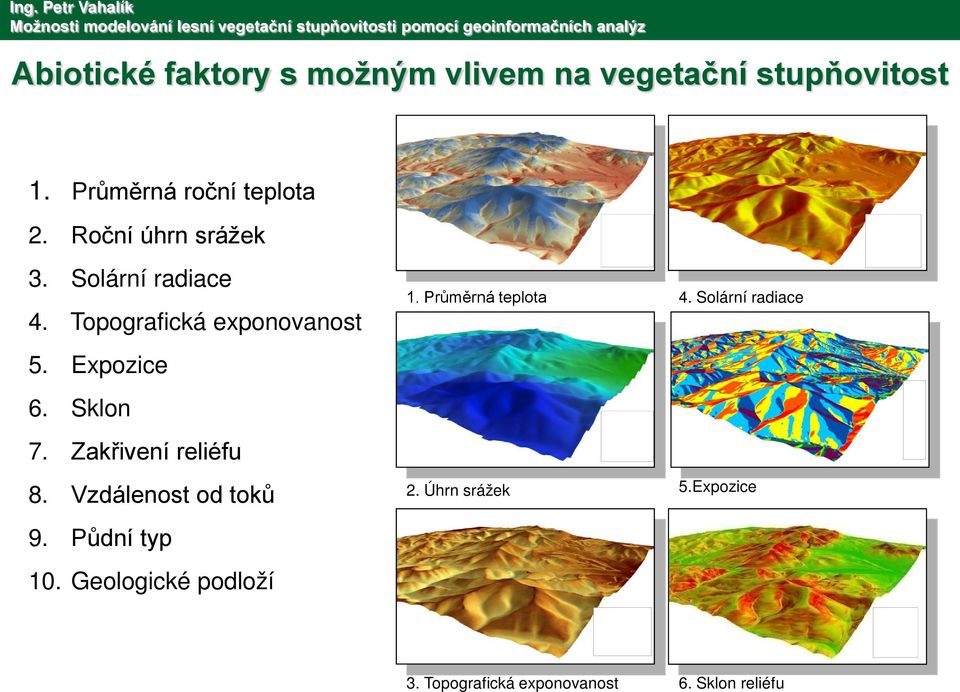 Zakřivení reliéfu 8. Vzdálenost od toků 9. Půdní typ 10. Geologické podloží 1.