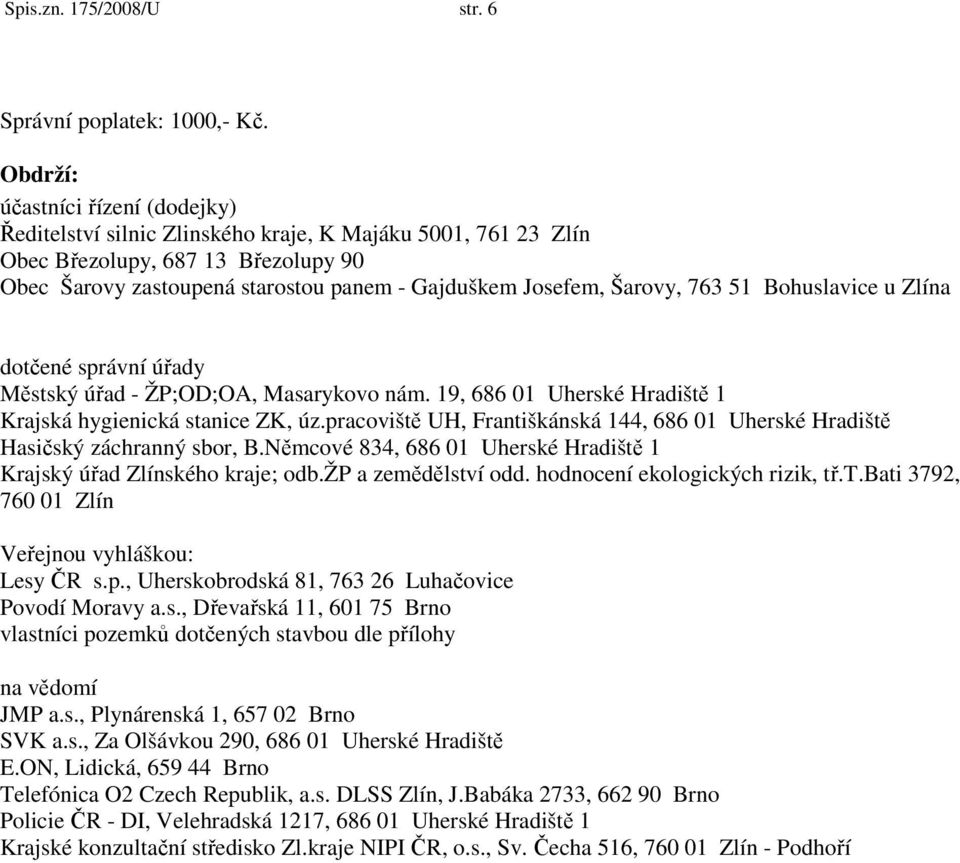 úřad - ŽP;OD;OA, Masarykovo nám. 19, 686 01 Uherské Hradiště 1 Krajská hygienická stanice ZK, úz.pracoviště UH, Františkánská 144, 686 01 Uherské Hradiště Hasičský záchranný sbor, B.