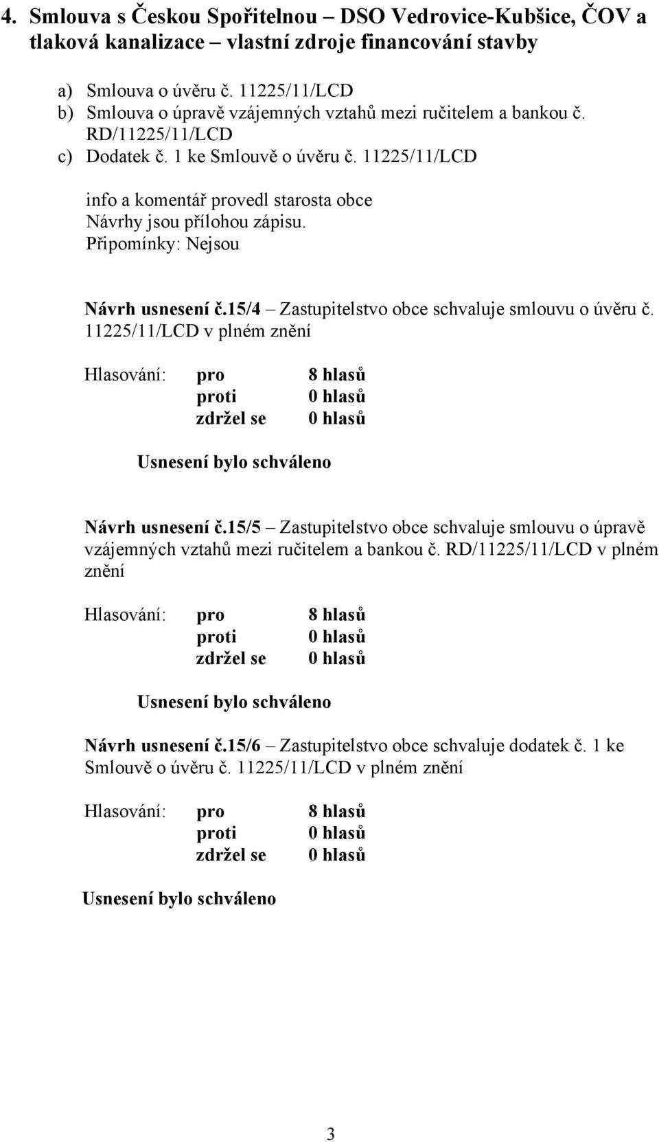 11225/11/LCD info a komentář provedl starosta obce Návrhy jsou přílohou zápisu. Návrh usnesení č.15/4 Zastupitelstvo obce schvaluje smlouvu o úvěru č.