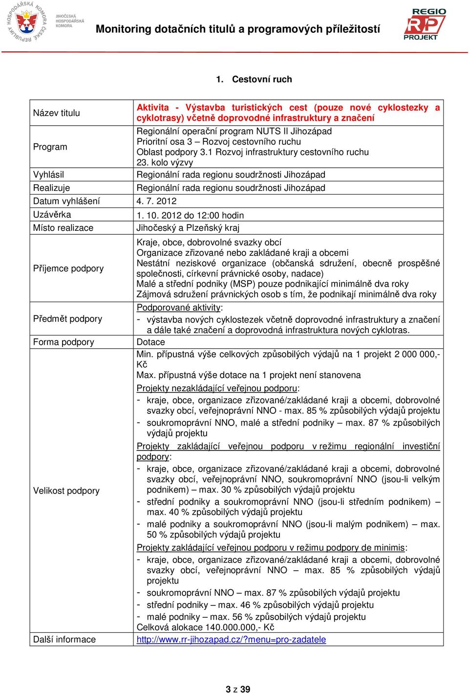 Prioritní osa 3 Rozvoj cestovního ruchu Oblast podpory 3.1 Rozvoj infrastruktury cestovního ruchu 23.