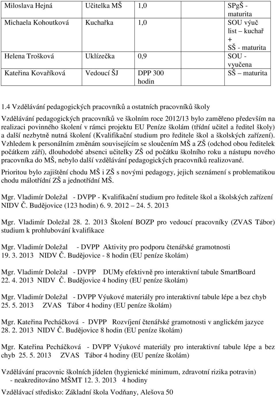 4 Vzdělávání pedagogických pracovníků a ostatních pracovníků školy Vzdělávání pedagogických pracovníků ve školním roce 2012/13 bylo zaměřeno především na realizaci povinného školení v rámci projektu