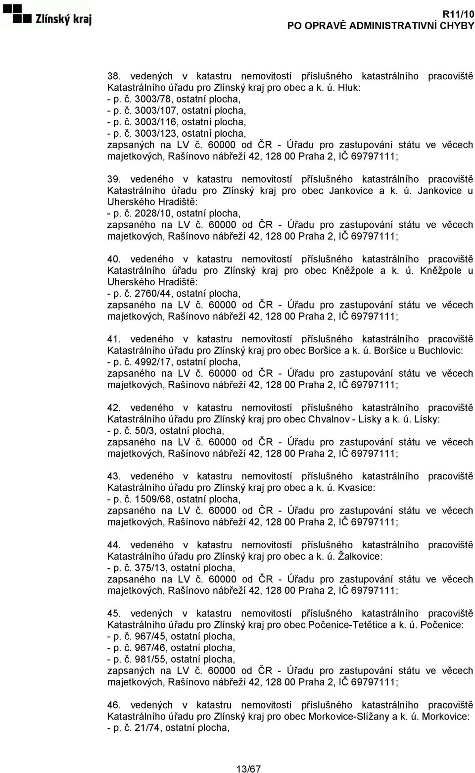 vedeného v katastru nemovitostí příslušného katastrálního pracoviště Katastrálního úřadu pro Zlínský kraj pro obec Jankovice a k. ú. Jankovice u Uherského Hradiště: - p. č.