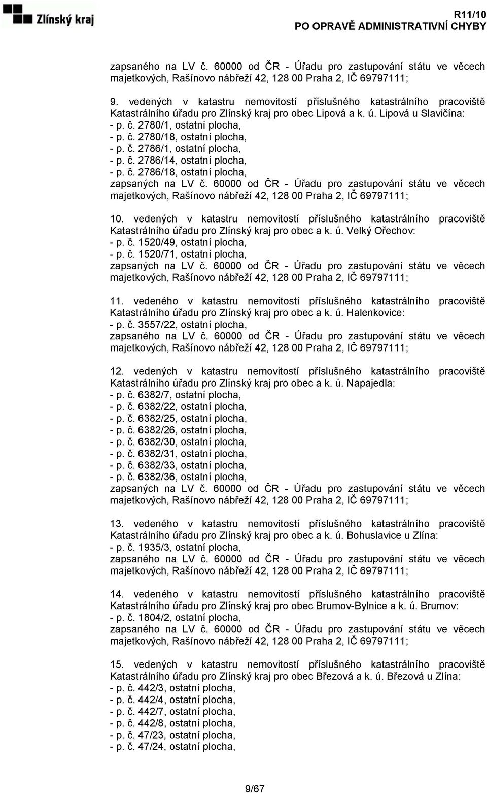 60000 od ČR - Úřadu pro zastupování státu ve věcech 10. vedených v katastru nemovitostí příslušného katastrálního pracoviště Katastrálního úřadu pro Zlínský kraj pro obec a k. ú. Velký Ořechov: - p.