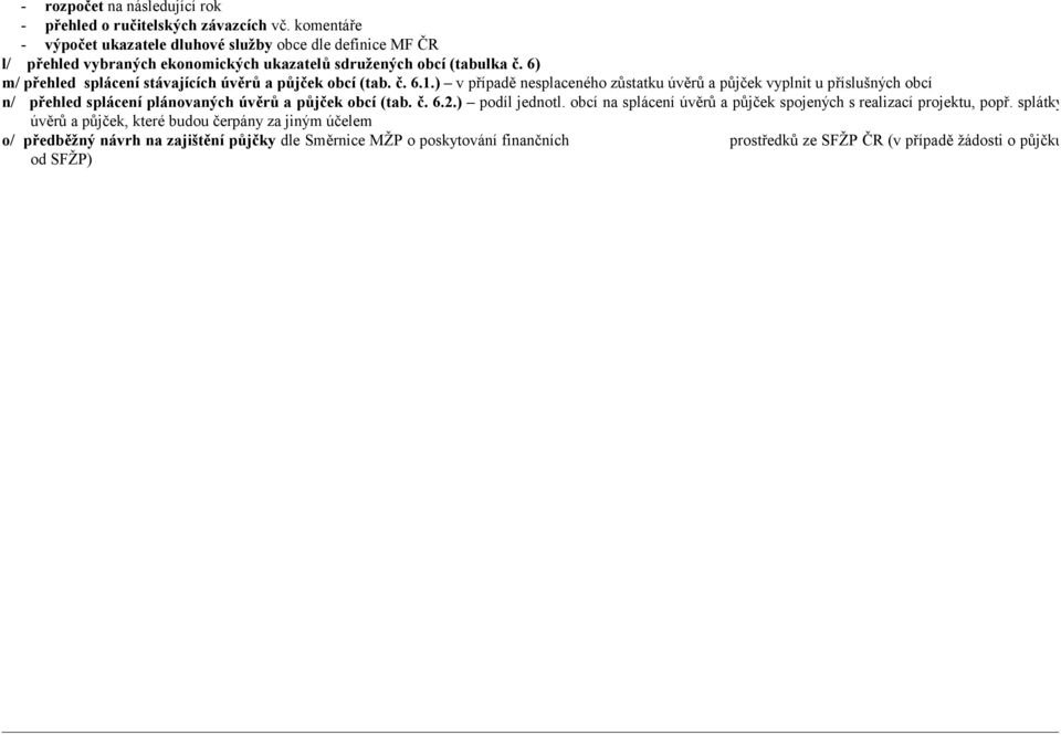 6) m/ přehled splácení stávajících úvěrů a půjček obcí (tab. č. 6.1.